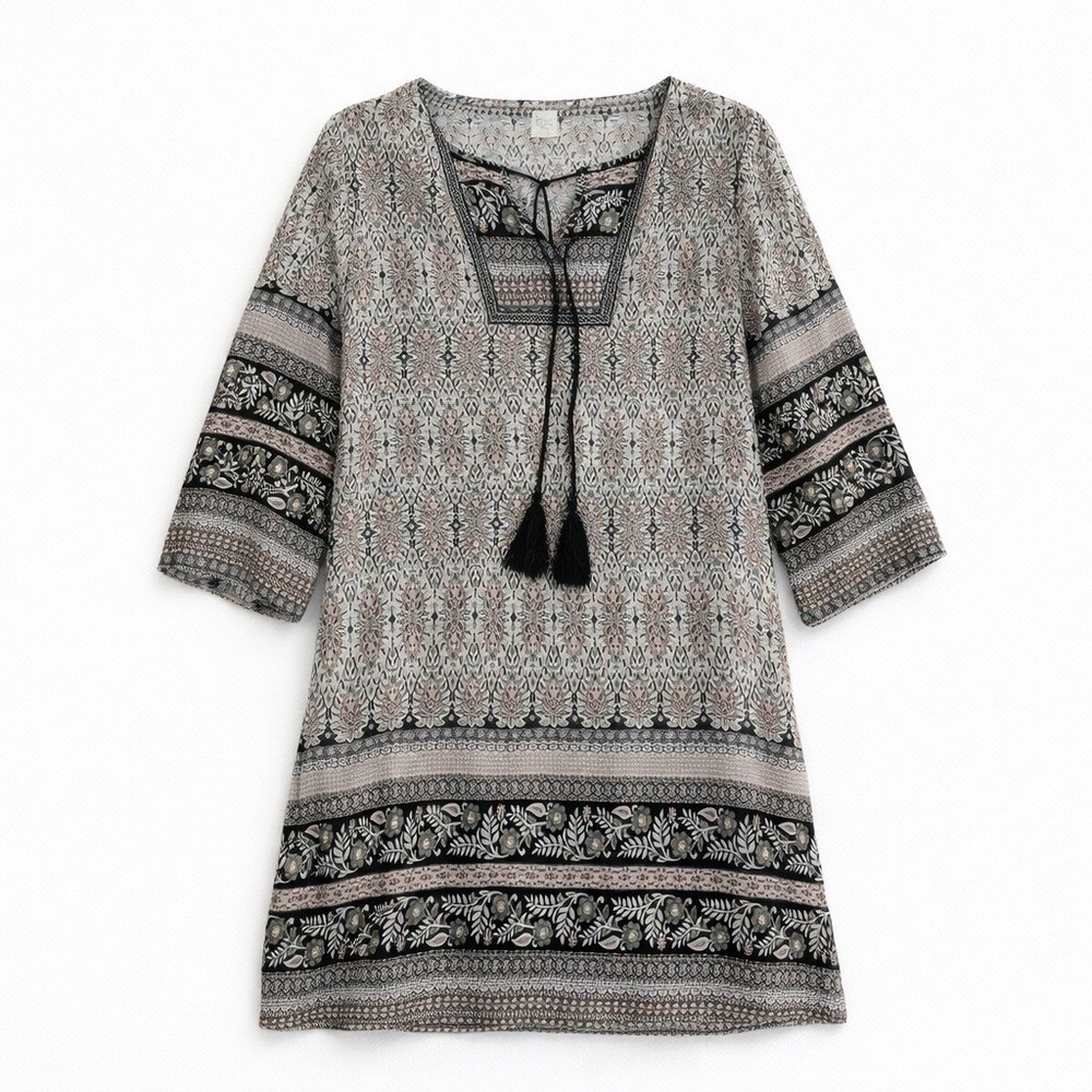 Tantrums Printed Shift Dress Womens Large Green Boho Tassel 3/4 Sleeve Paisley